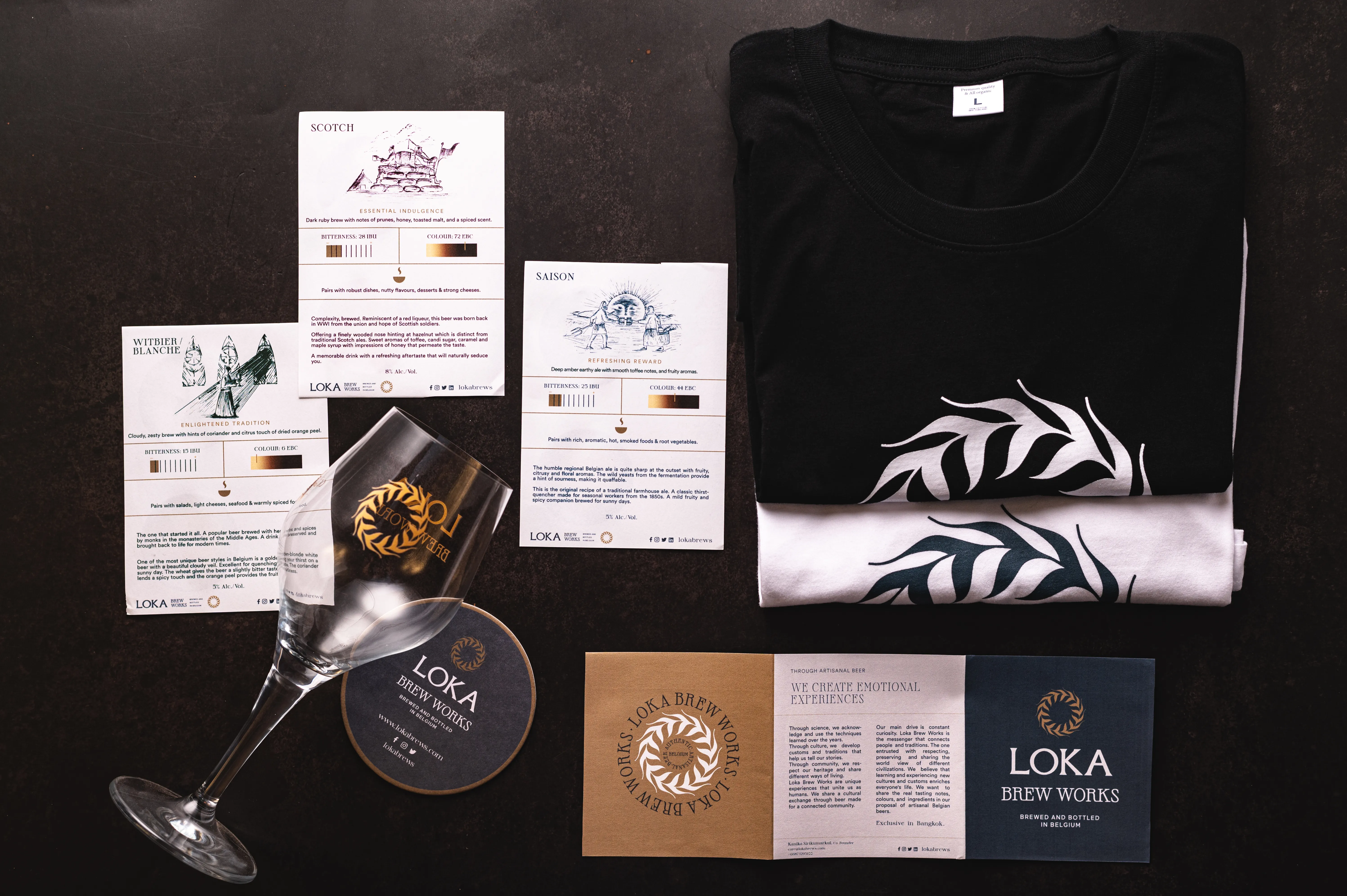 Loka Brew Works branded touchpoints including glassware, print and apparel